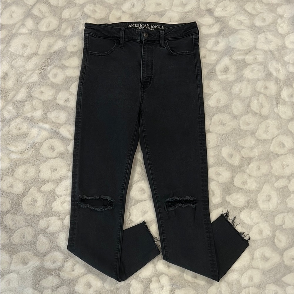 American Eagle Black Super Hi Rise Jeggings Distressed Size 8 Super Stretch X